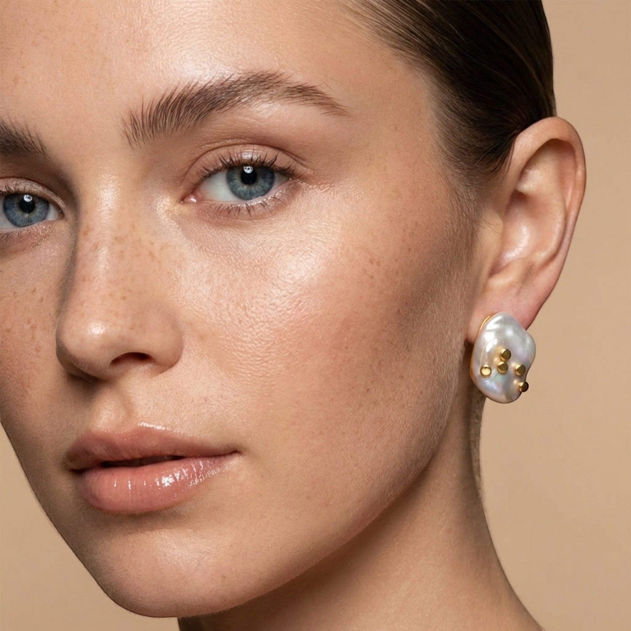 Tania Claire Australia Tide Mark baroque pearl earrings with 14K gold plated brass accents, asymmetrical design.
