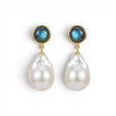 Tania Claire Australia Mae pearl drop studs featuring iridescent baroque pearls and blue labradorite in gold settings.