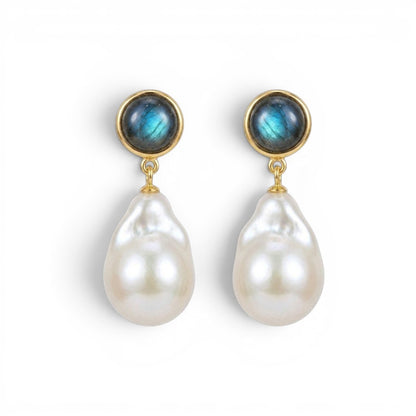 Tania Claire Australia Mae pearl drop studs featuring iridescent baroque pearls and blue labradorite in gold settings.