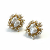 Tania Claire Australia Lucia baroque pearl stud earrings with freshwater seed pearl halo, gold-plated brass.