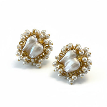 Tania Claire Australia Lucia baroque pearl stud earrings with freshwater seed pearl halo, gold-plated brass.