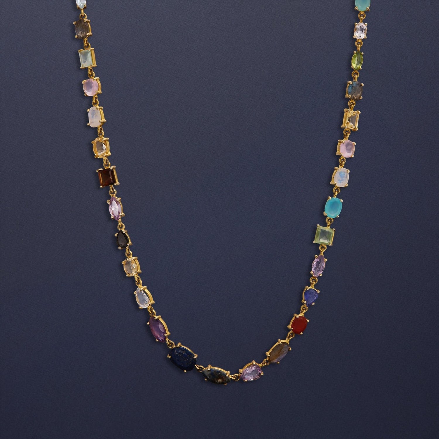 Tania Claire Australia Bijou Royale Necklace: gold chain with multicolour mixed natural gemstones in various cuts and tones.