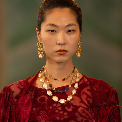 Tania Claire Australia Bijou Royale Necklace: gold chain with multicolour mixed natural gemstones and baroque pearls.