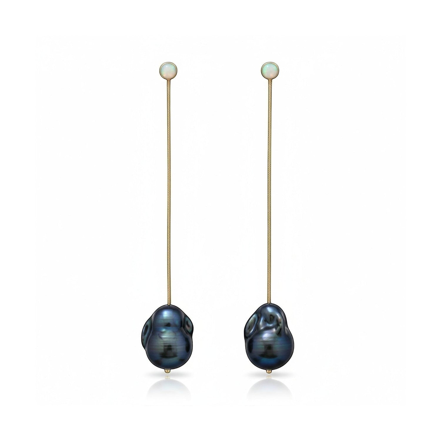 Tania Claire Australia Wren black baroque pearl drop earrings with opal studs, gold-plated sterling silver.