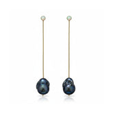 Tania Claire Australia Wren black baroque pearl drop earrings with opal studs, gold-plated sterling silver.
