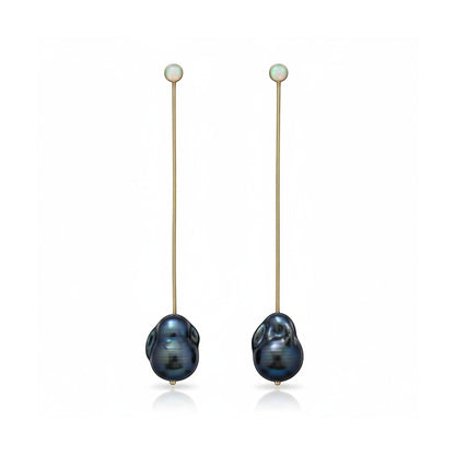 Tania Claire Australia Wren black baroque pearl drop earrings with opal studs, gold-plated sterling silver.