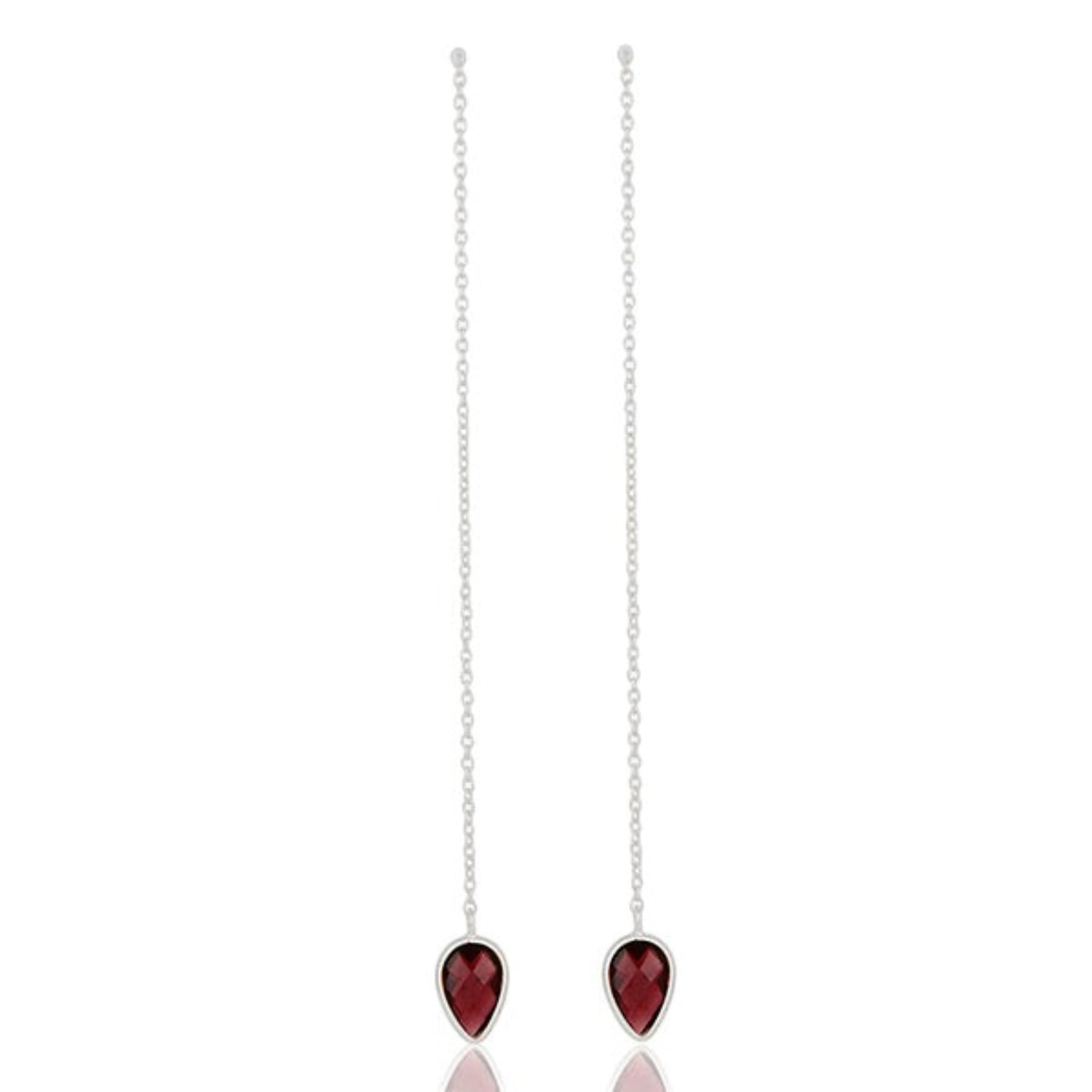 Tania Claire Australia Bloodstone Thread Earrings with pear-cut garnet-red gems on fine silver chains.