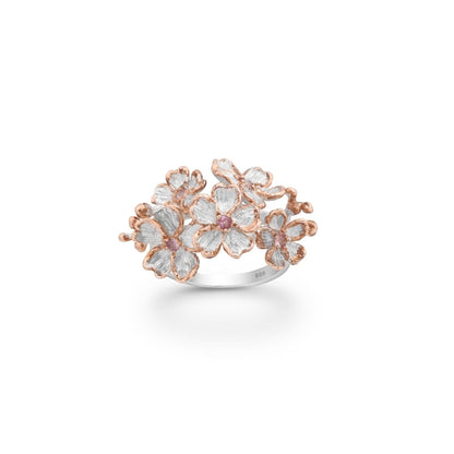 Tania Claire Australia Blossom Ring: sterling silver floral design with rose gold accents and pink sapphires.