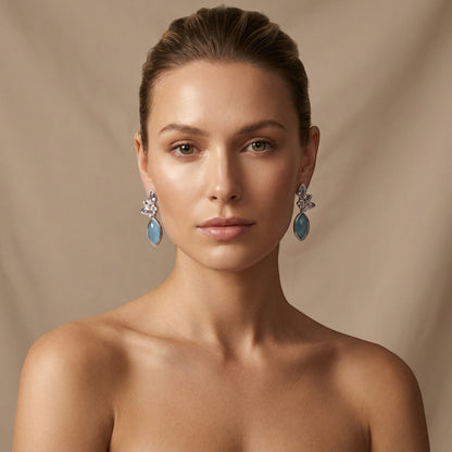 Tania Claire Australia Seraphina drop earrings with marquise-cut blue chalcedony, amethyst, and cubic zirconia in sterling silver.