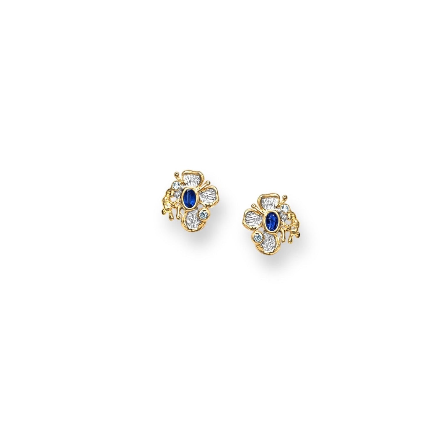 Tania Claire Australia Blue Vein Earrings with oval kyanite, sky blue topaz, and 22K gold plating on sterling silver.