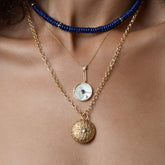 Tania Claire Australia Celestial Night Necklace with lapis lazuli beads and gold accents.