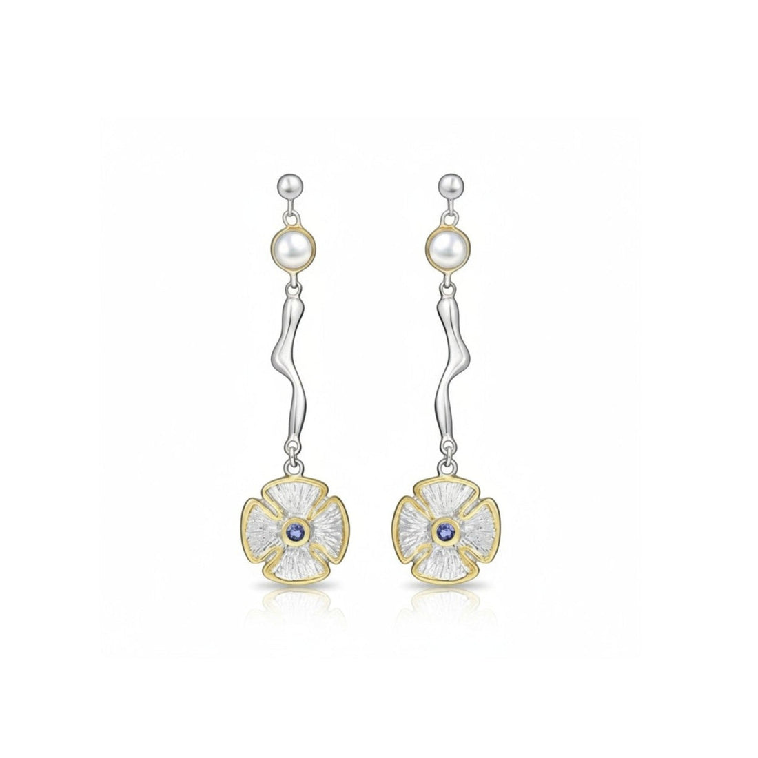 Tania Claire Australia Celestial Pansy Earrings with freshwater pearls, tanzanite, 925 sterling silver and 22K gold plating.