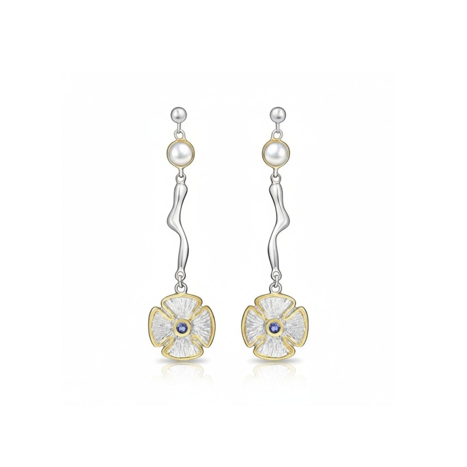 Tania Claire Australia Celestial Pansy Earrings with freshwater pearls, tanzanite, 925 sterling silver and 22K gold plating.