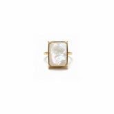 Tania Claire Australia Cleo Gemstone Ring with a rectangular mother-of-pearl stone in a gold-tone setting.