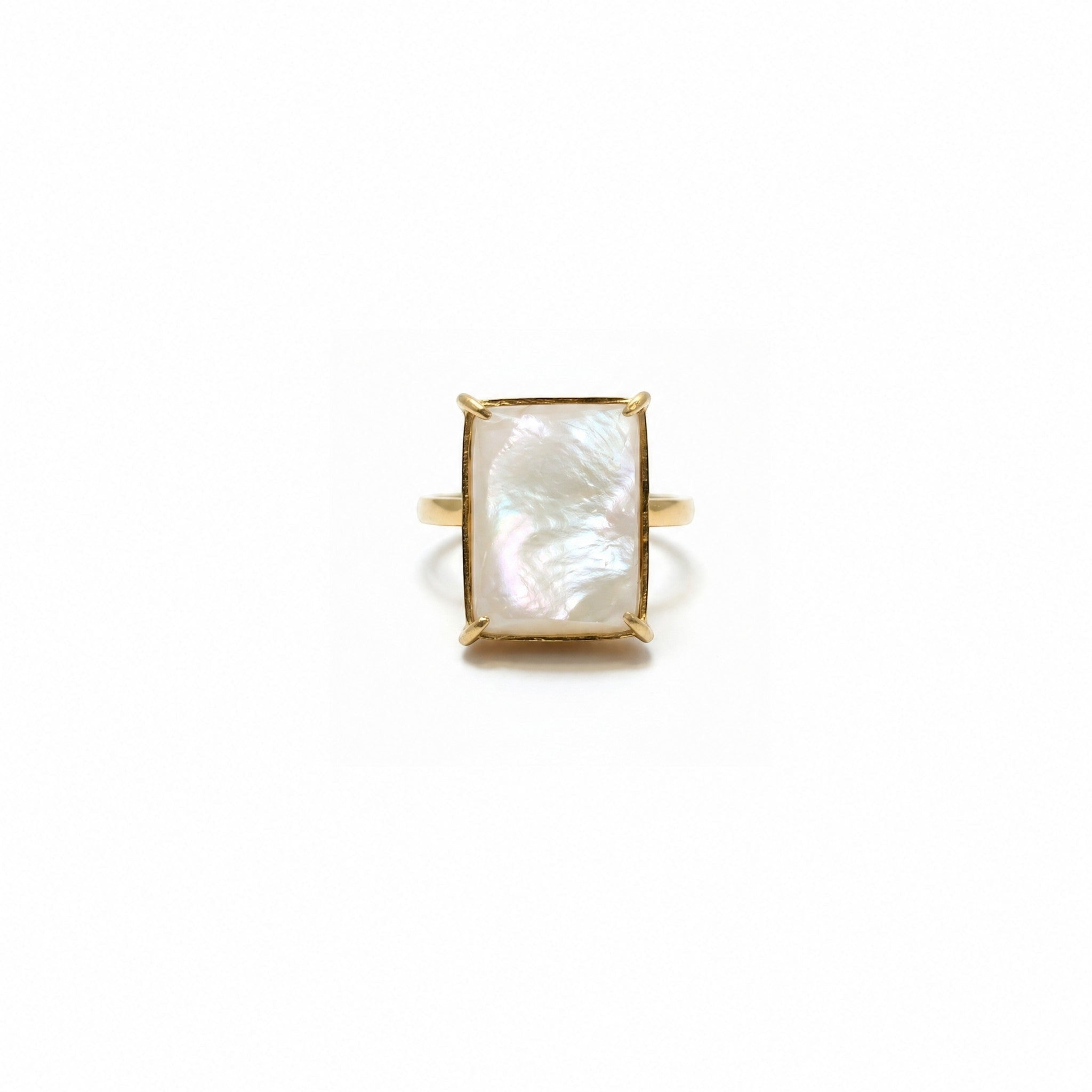 Tania Claire Australia Cleo Gemstone Ring with a rectangular mother-of-pearl stone in a gold-tone setting.