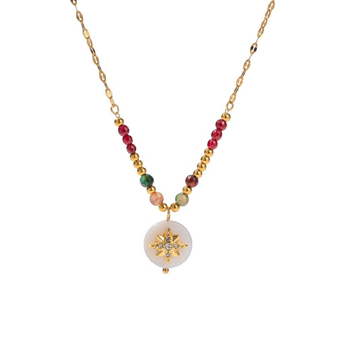 Tania Claire Australia gold-plated sterling silver necklace with colourful gemstone beads and a white disc charm featuring a starburst.