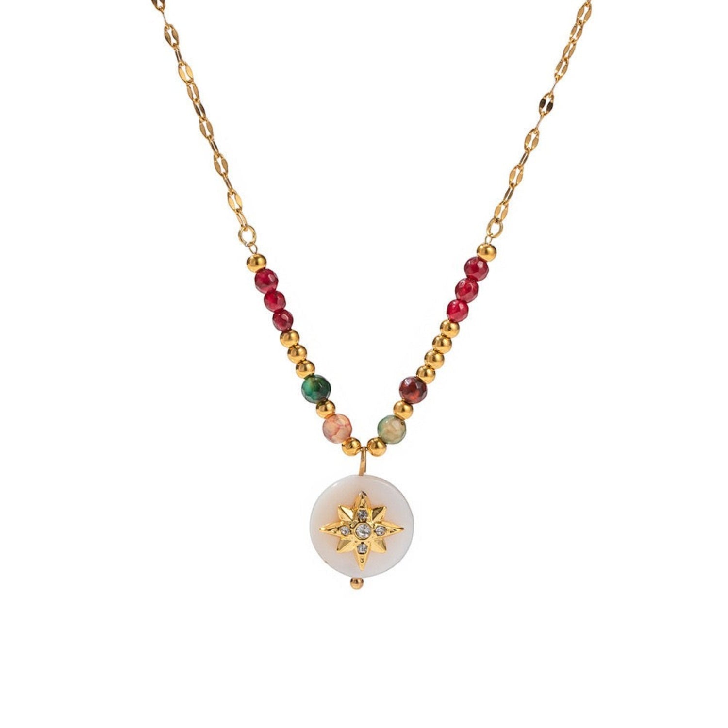 Tania Claire Australia gold-plated sterling silver necklace with colourful gemstone beads and a white disc charm featuring a starburst.