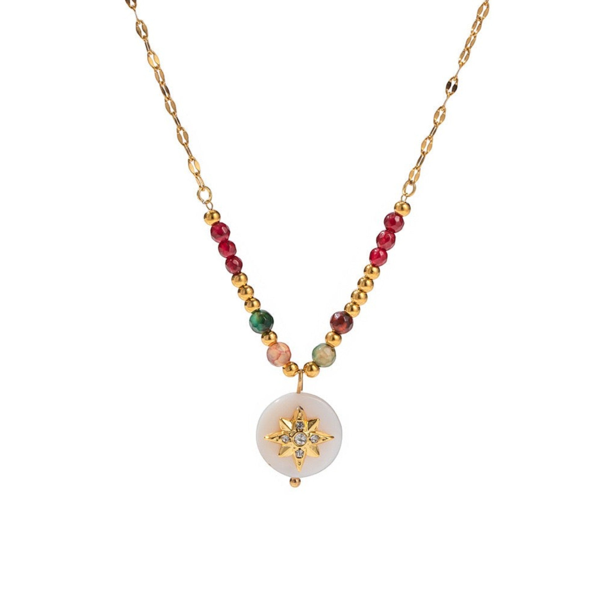 Tania Claire Australia gold-plated sterling silver necklace with colourful gemstone beads and a white disc charm featuring a starburst.