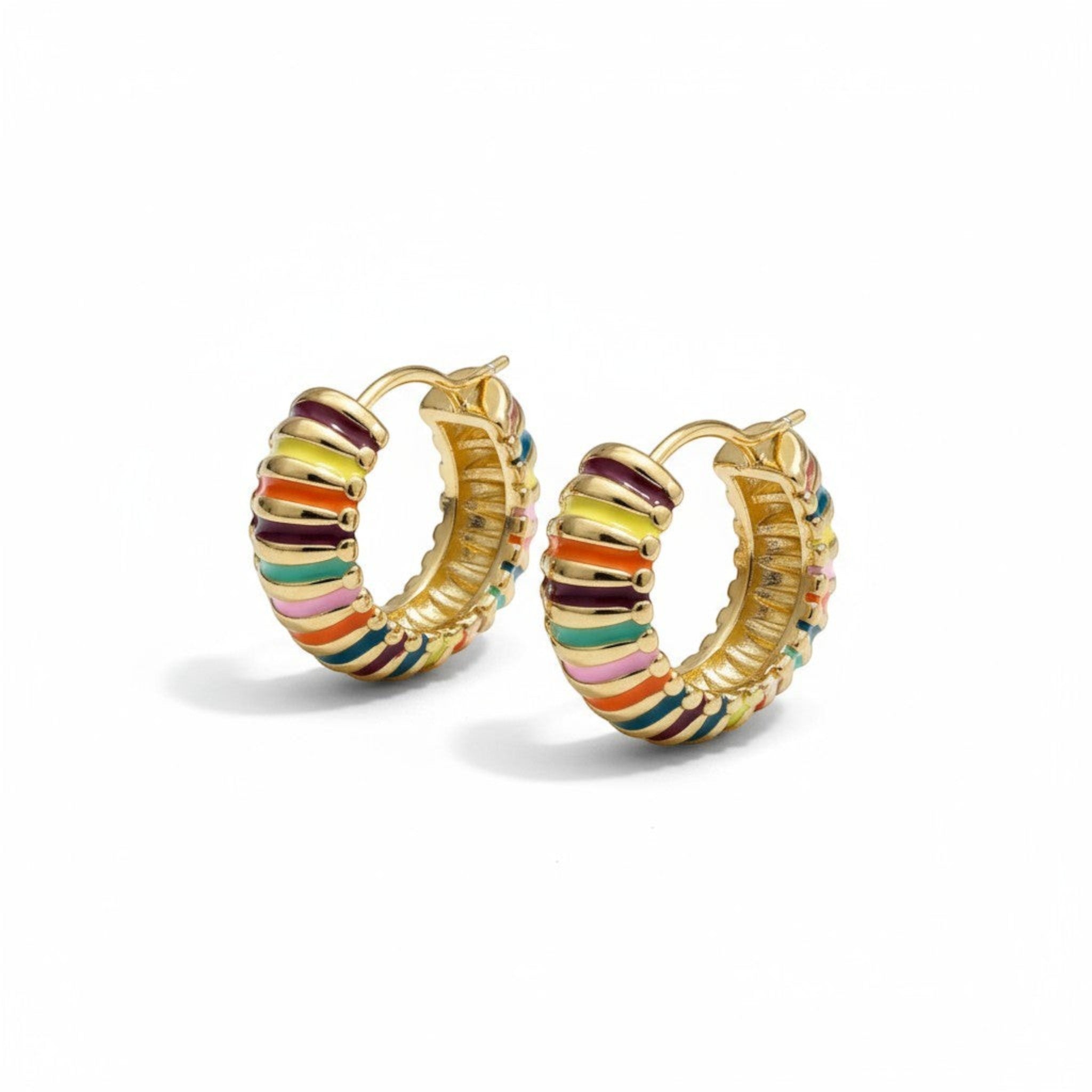 Tania Claire Australia gold-plated sterling silver hoop earrings with colourful enamel stripes, 20mm diameter.