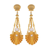 Tania Claire Australia Emma gold shell drop earrings with pearl details. Statement mermaid-inspired design.