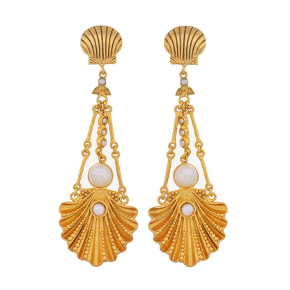Tania Claire Australia Emma gold shell drop earrings with pearl details. Statement mermaid-inspired design.