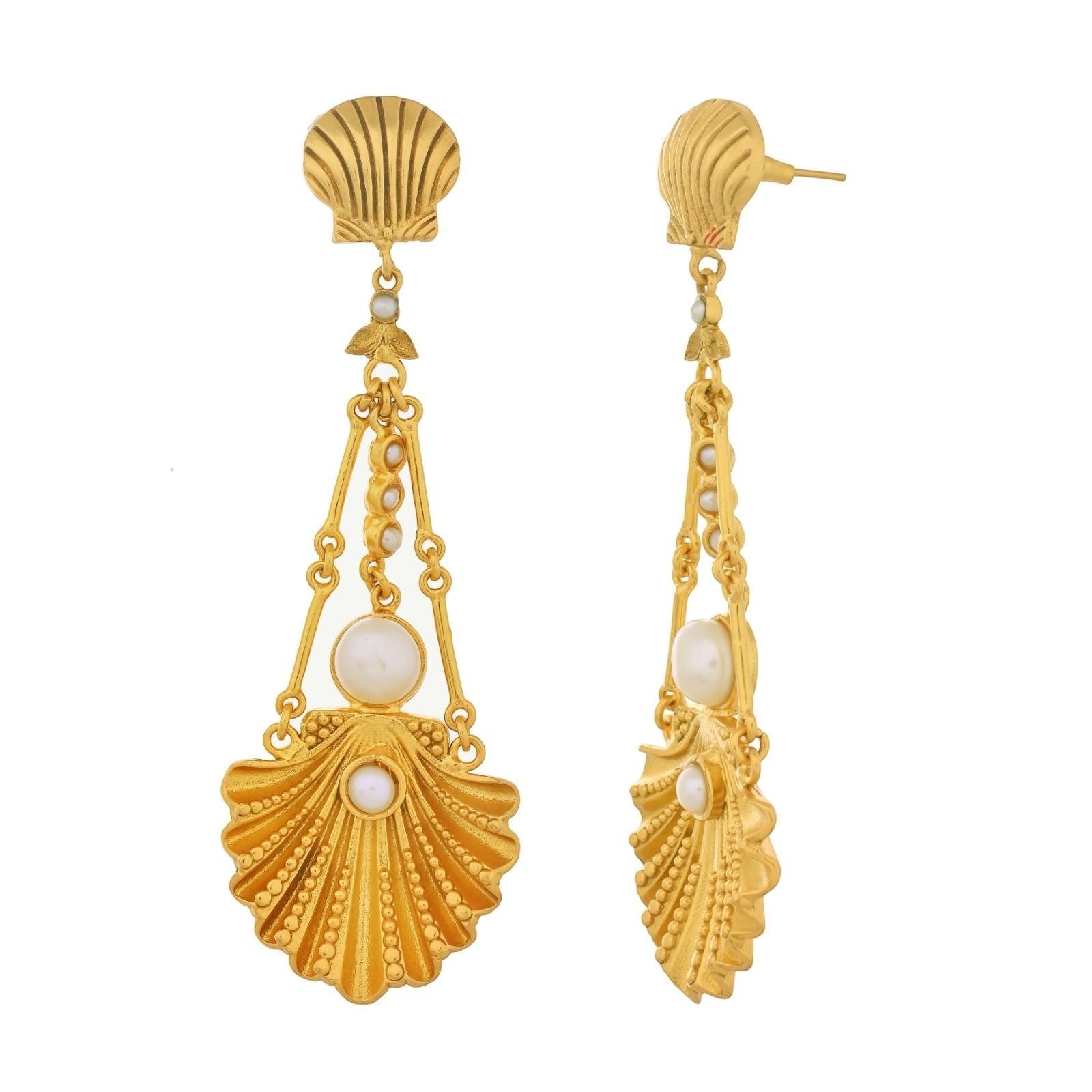 Tania Claire Australia gold shell drop earrings with pearl details, 100mm length.