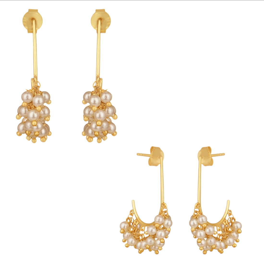 Tania Claire Australia Eos Cluster pearl drop earrings in gold plated sterling silver. Delicate pearl clusters cascade like morning dew.