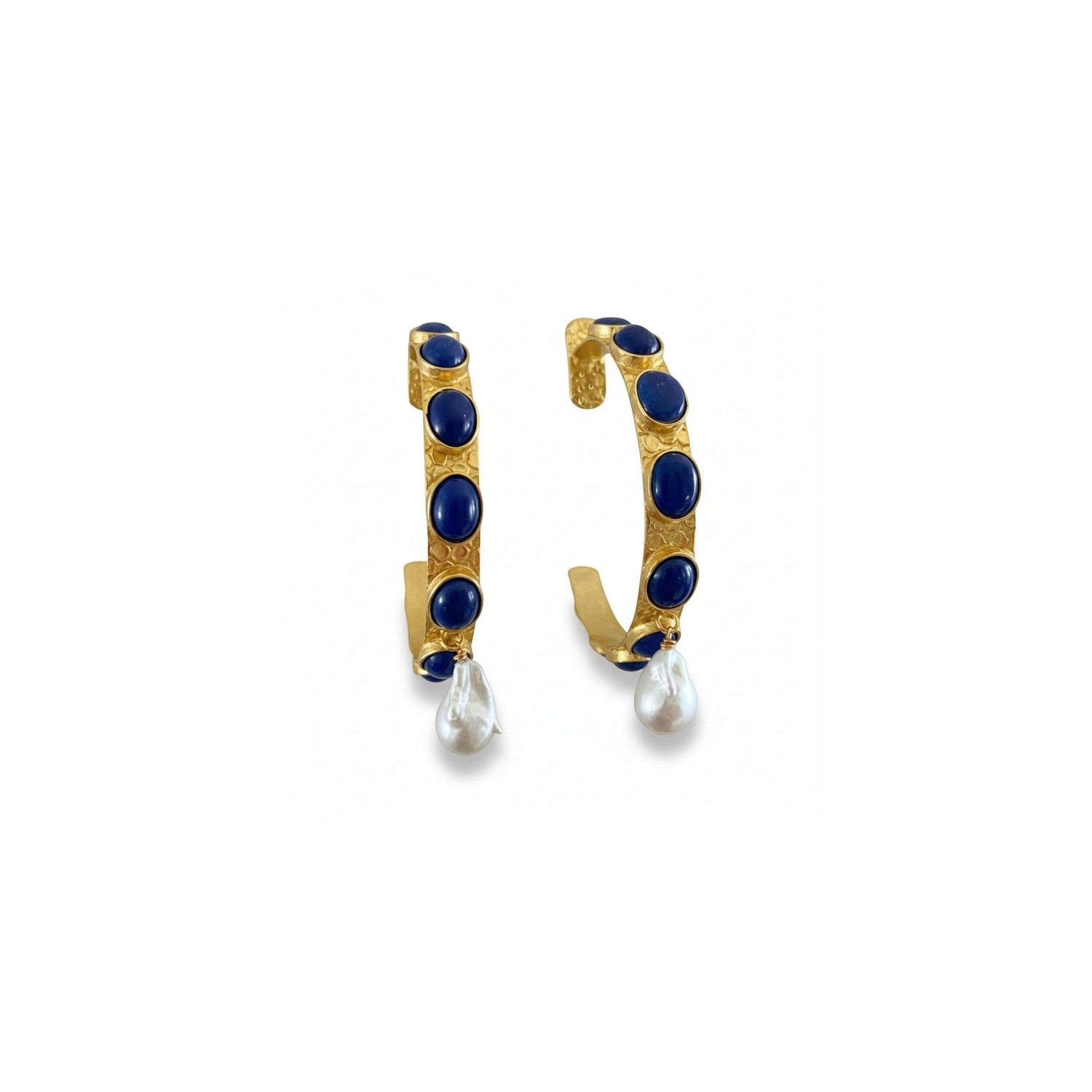 Tania Claire Australia Frida Hoop Earrings with gold-plated brass, blue gemstones and baroque pearl drops.