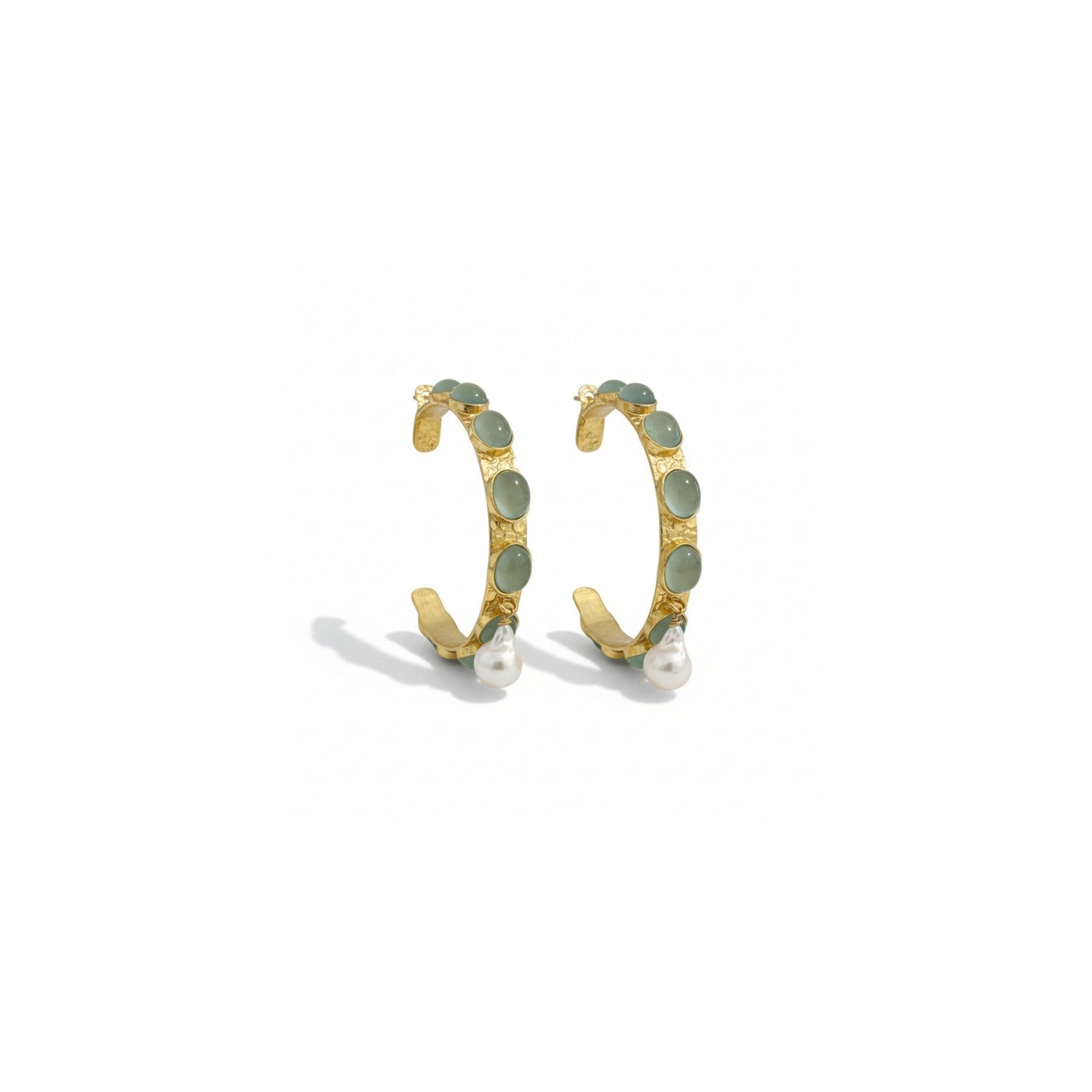 Tania Claire Australia Frida Hoop Earrings with green gemstones and baroque pearls, gold-plated brass.