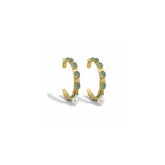 Tania Claire Australia Frida Hoop Earrings with green gemstones and baroque pearls, gold-plated brass.