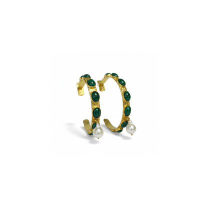 Tania Claire Australia Frida Hoop Earrings with green malachite stones and baroque pearls, gold-plated brass.