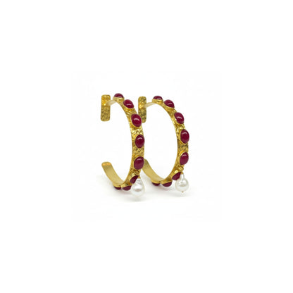 Tania Claire Australia Frida hoop earrings with red gemstones and baroque pearls, made from gold-plated brass.