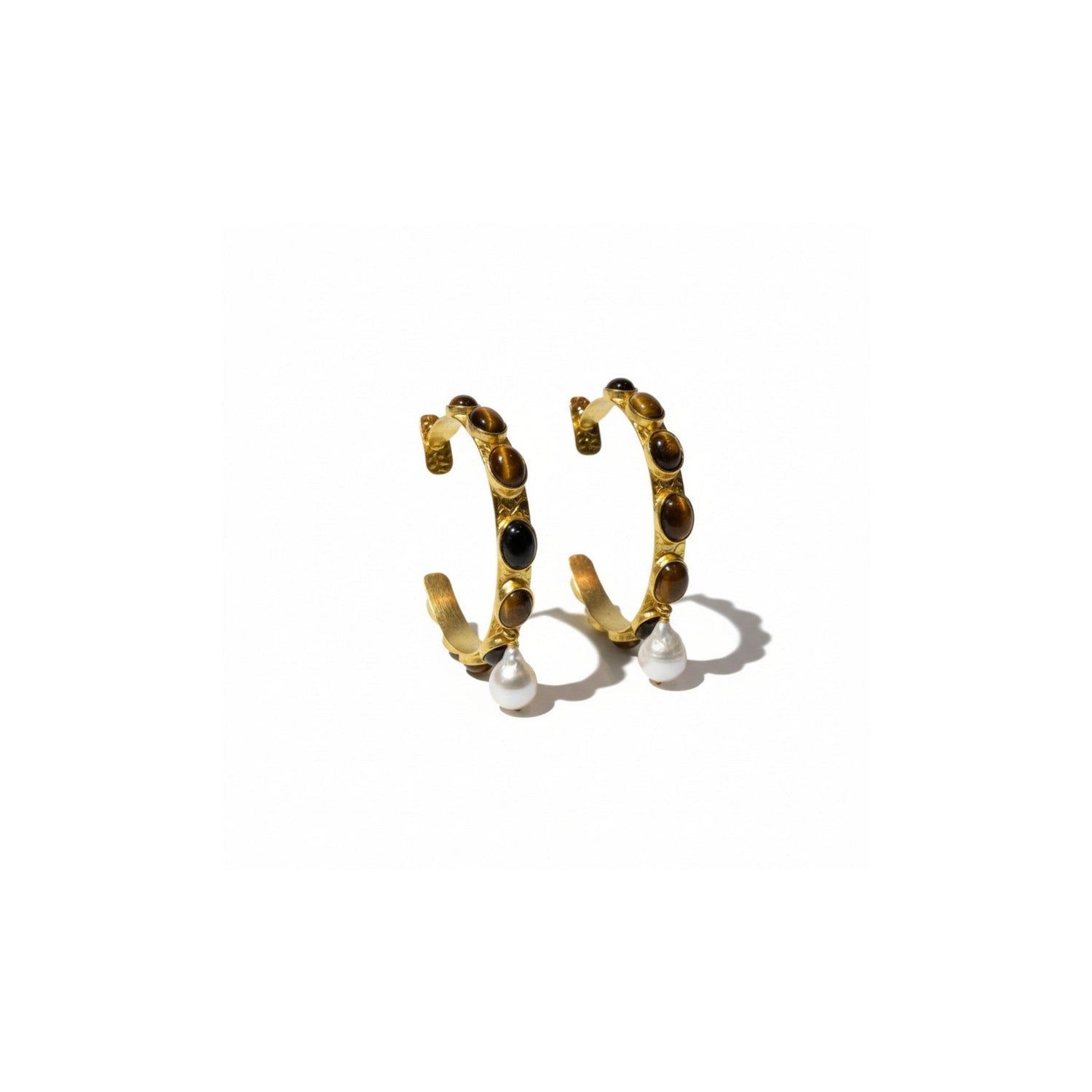 Tania Claire Australia Frida Hoop Earrings with tiger eye stones and baroque pearls, 14K gold-plated brass.