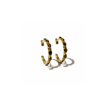 Tania Claire Australia Frida Hoop Earrings with tiger eye stones and baroque pearls, 14K gold-plated brass.