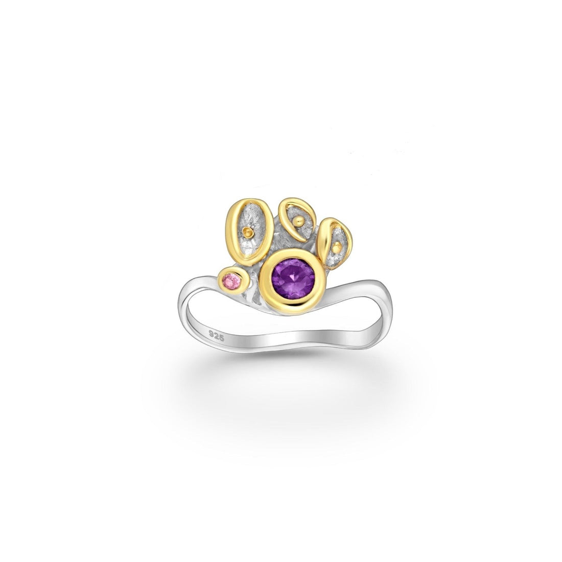 Tania Claire Australia Gaia Crest Ring: sterling silver with 22K gold, featuring amethyst and pink sapphires.