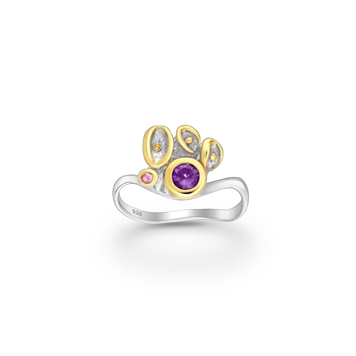 Tania Claire Australia Gaia Crest Ring: sterling silver with 22K gold, featuring amethyst and pink sapphires.