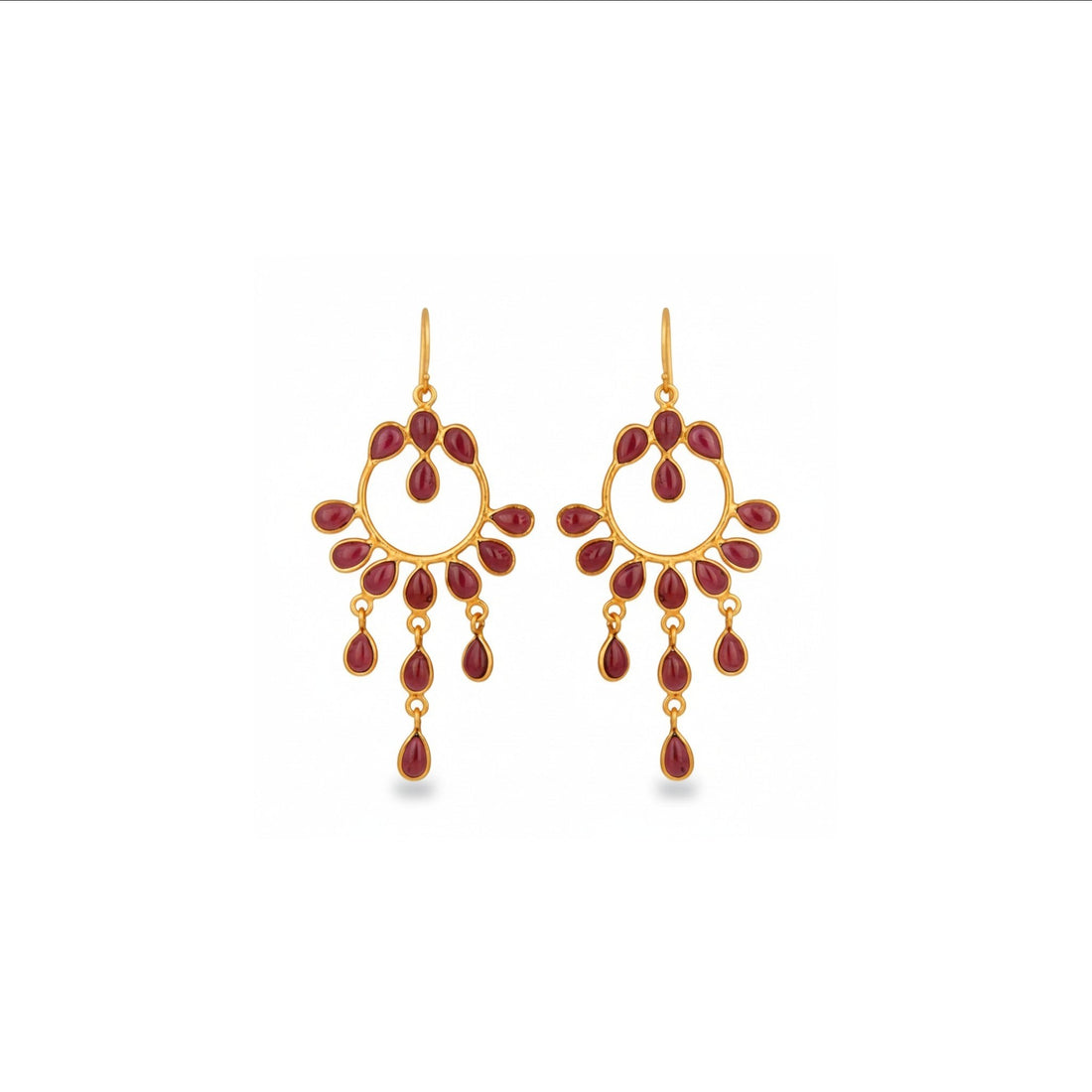 Tania Claire Australia Garnet Flame earrings: gold chandelier design with crimson teardrop garnets. Sterling silver with 14K gold plating.