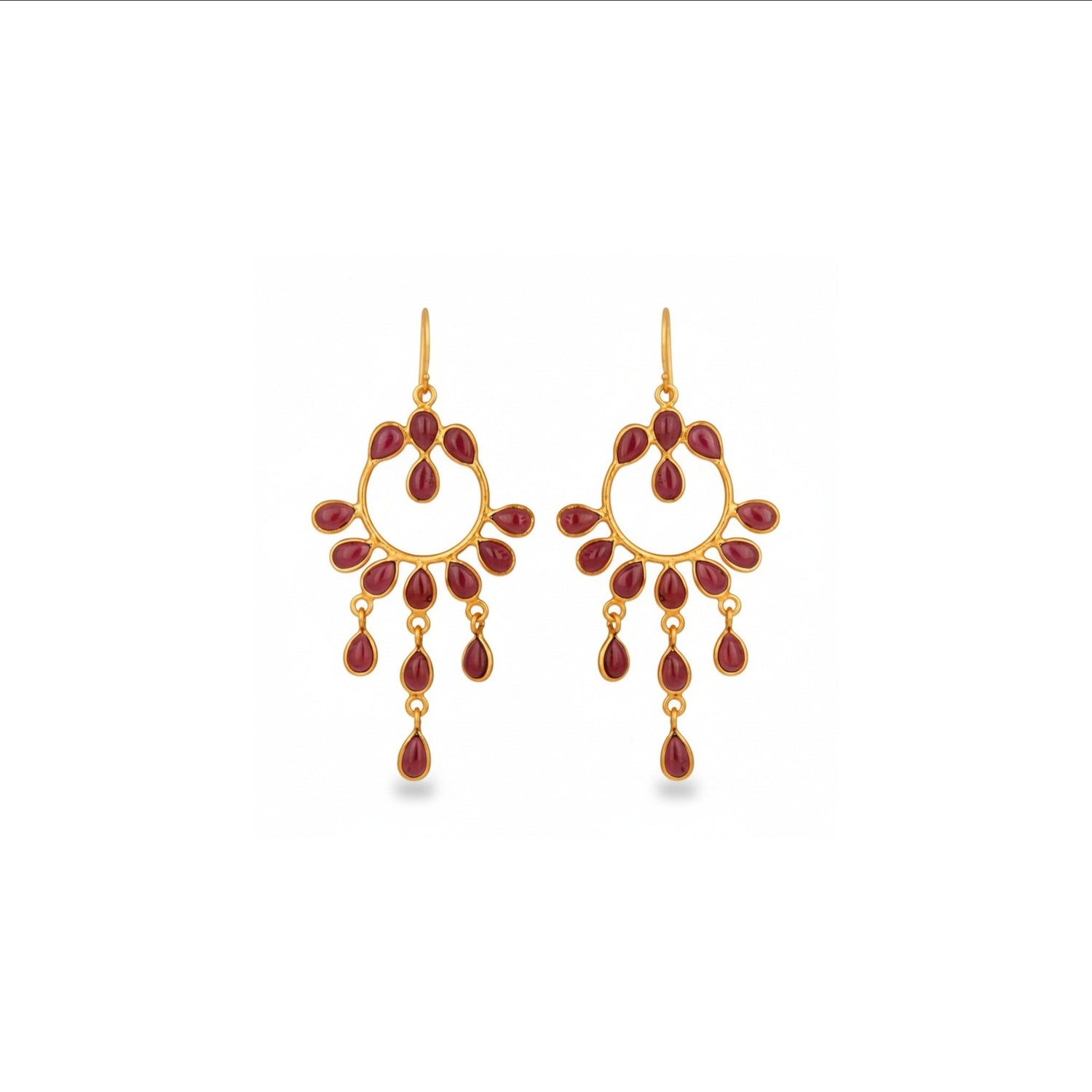 Tania Claire Australia Garnet Flame earrings: gold chandelier design with crimson teardrop garnets. Sterling silver with 14K gold plating.
