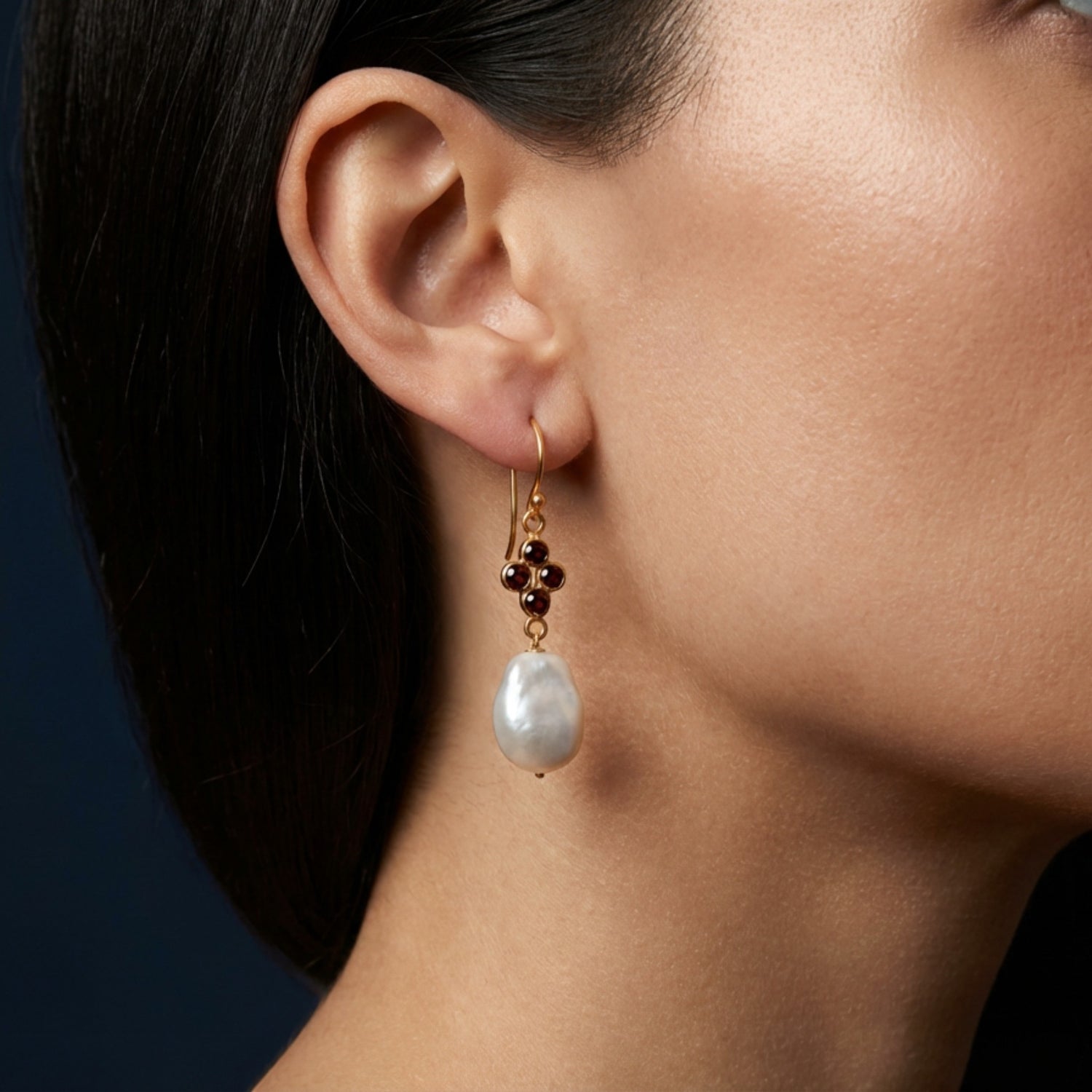Tania Claire Australia Scarlet Tide earrings with baroque pearls and garnet stones in gold-plated sterling silver.