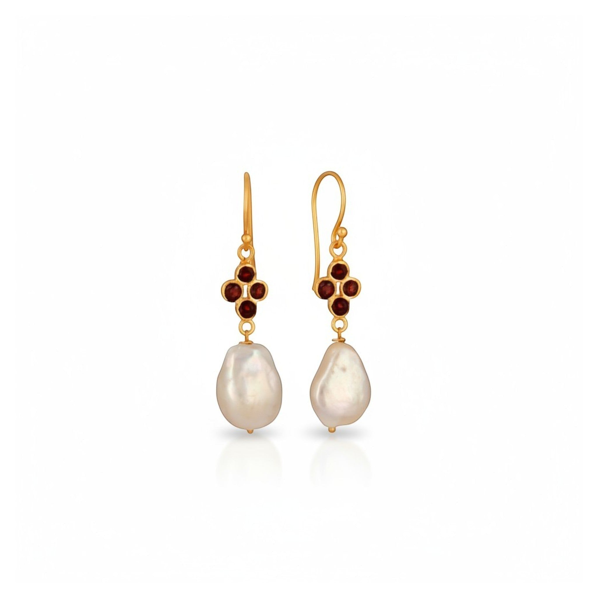 Tania Claire Australia Scarlet Tide earrings with baroque freshwater pearls and garnet stones in gold-plated sterling silver.