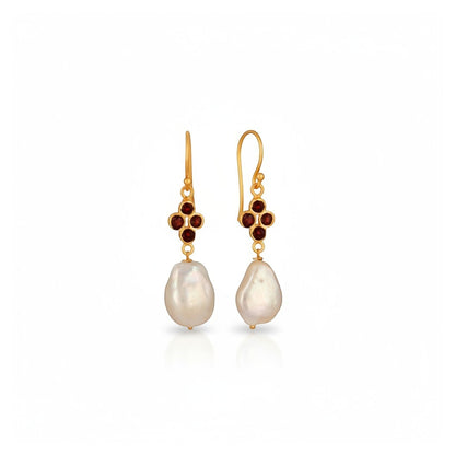 Tania Claire Australia Scarlet Tide earrings with baroque freshwater pearls and garnet stones in gold-plated sterling silver.