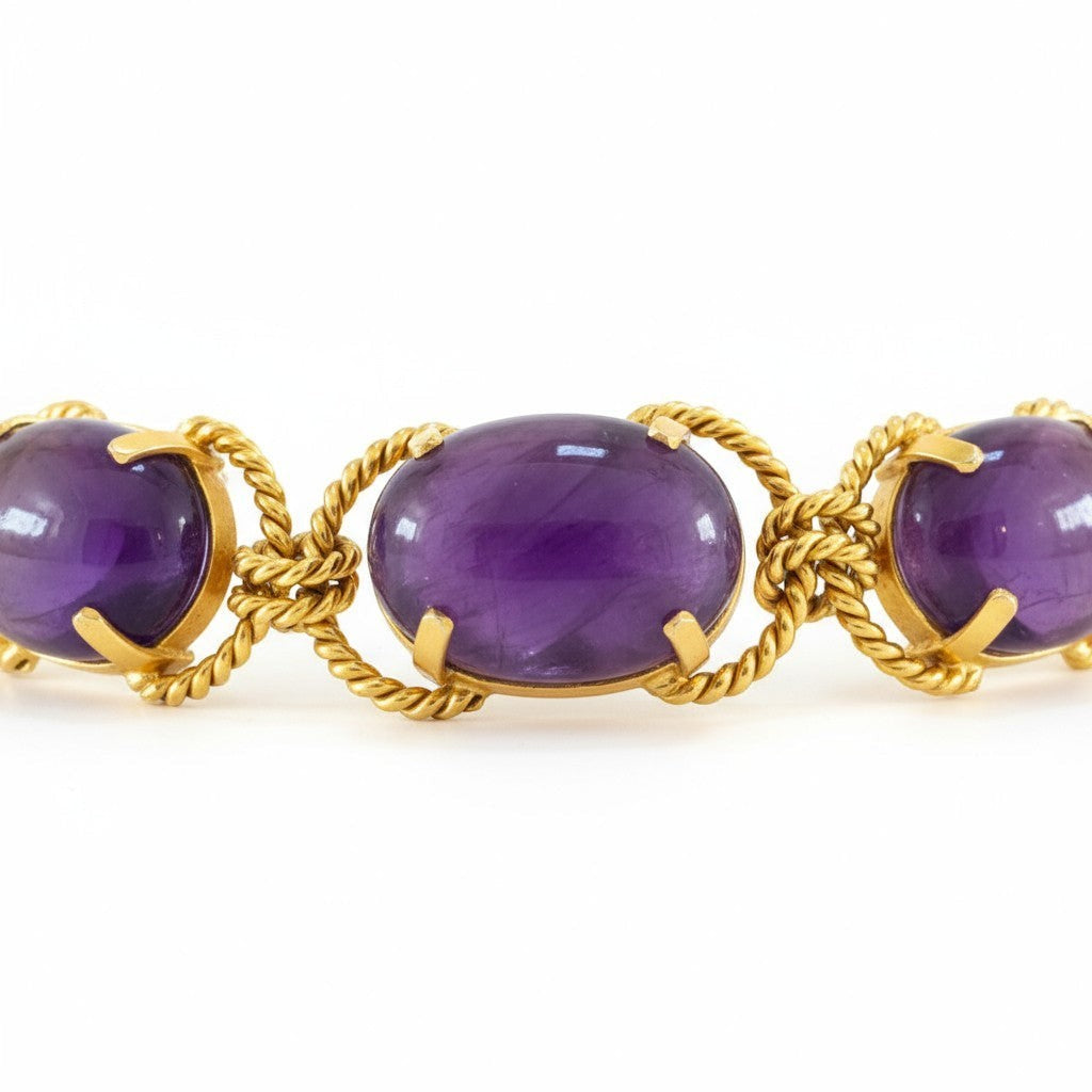 Tania Claire Australia Holly Gemstone Twist Bracelet with cabochon cut amethyst and gold plating.