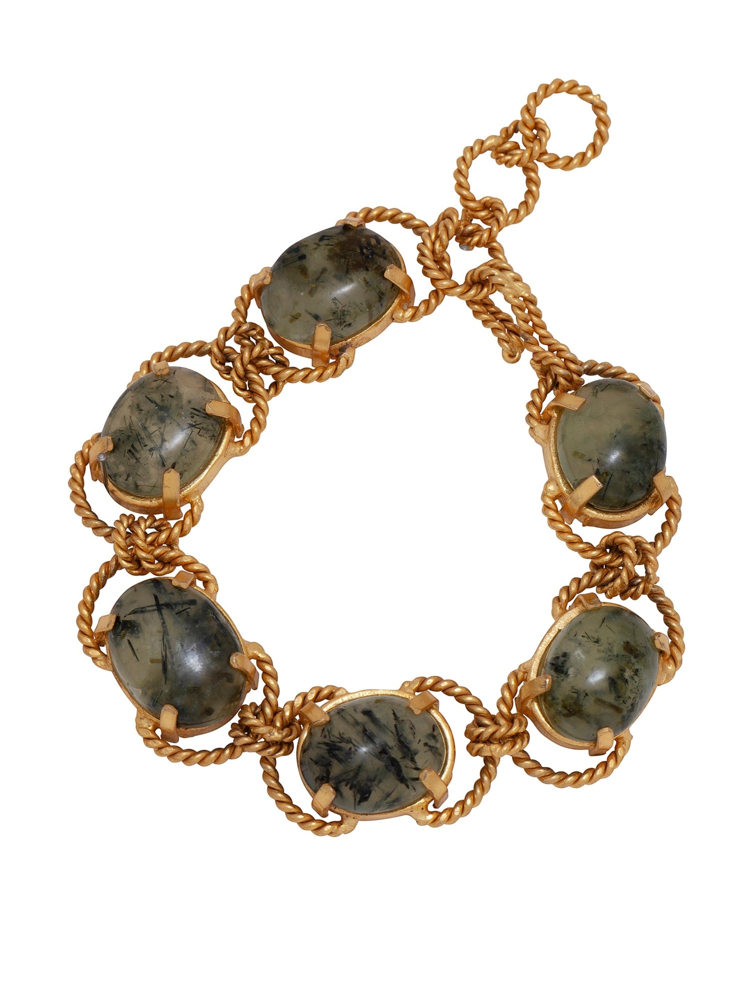 Tania Claire Australia Holly Gemstone Twist Bracelet with cabochon cut green and black gemstones, gold plating, and twisted rope chain.