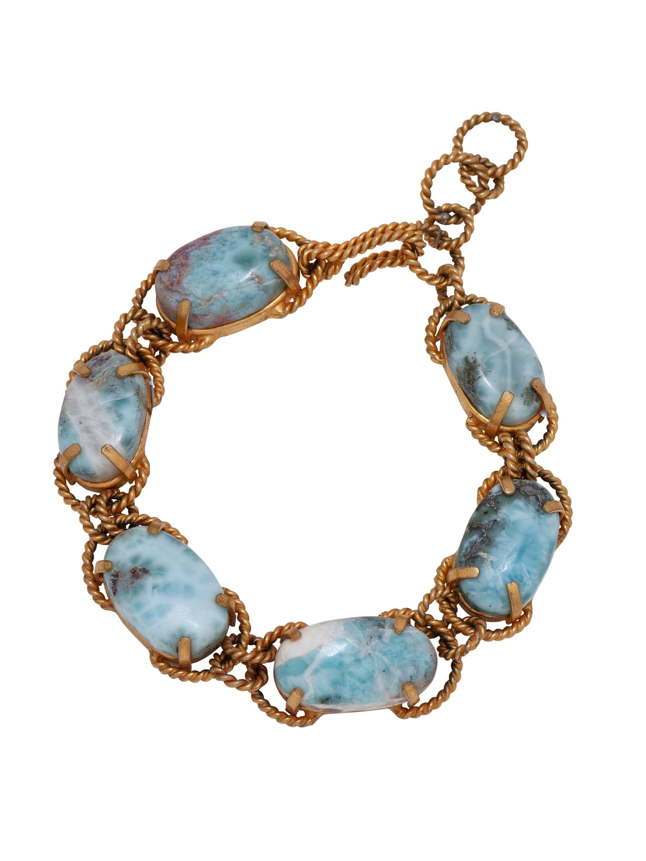 Tania Claire Australia Holly Gemstone Twist Bracelet with cabochon cut blue and white gemstones and gold plating.