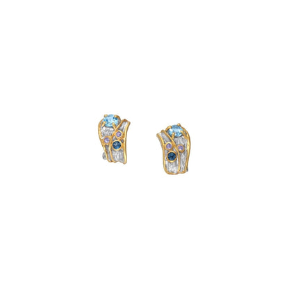 Tania Claire Australia Cresting Hoops earrings with blue topaz, London blue topaz, tanzanite, and 22K gold plating.