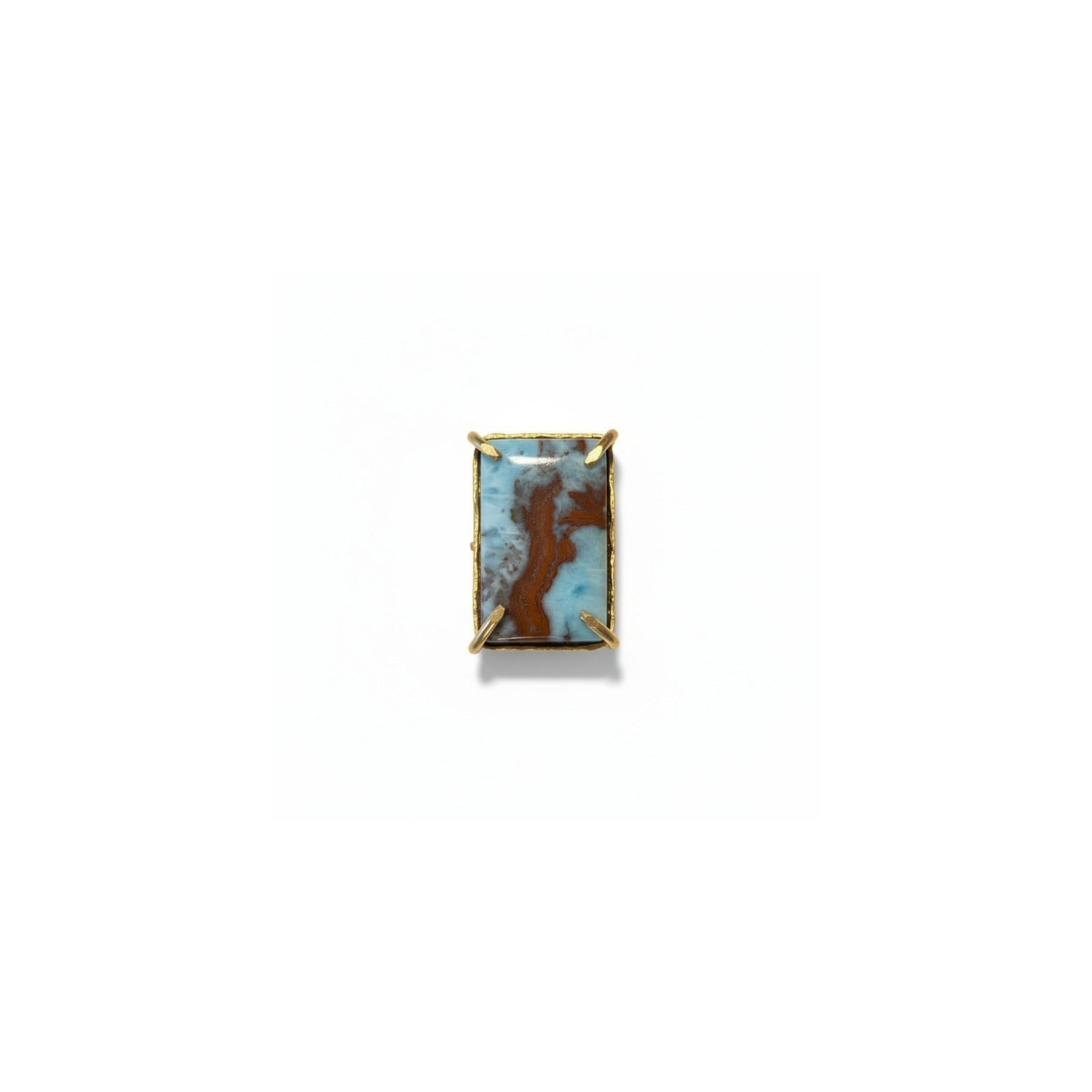 Tania Claire Australia gold-plated brass ring with a rectangular cabochon cut gemstone in blue and brown.