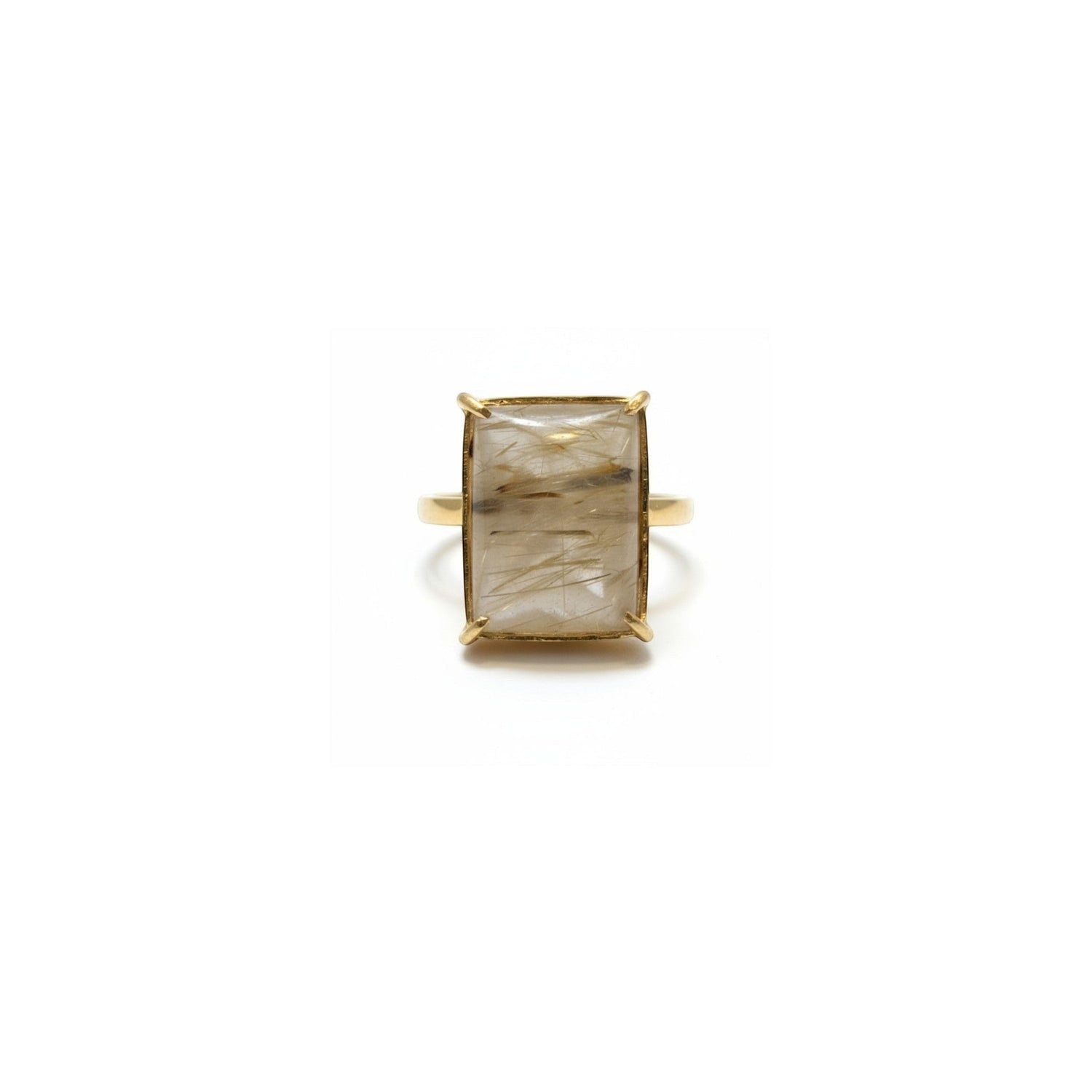 Tania Claire Australia gold-plated brass ring with rectangular cabochon cut gemstone featuring natural inclusions.