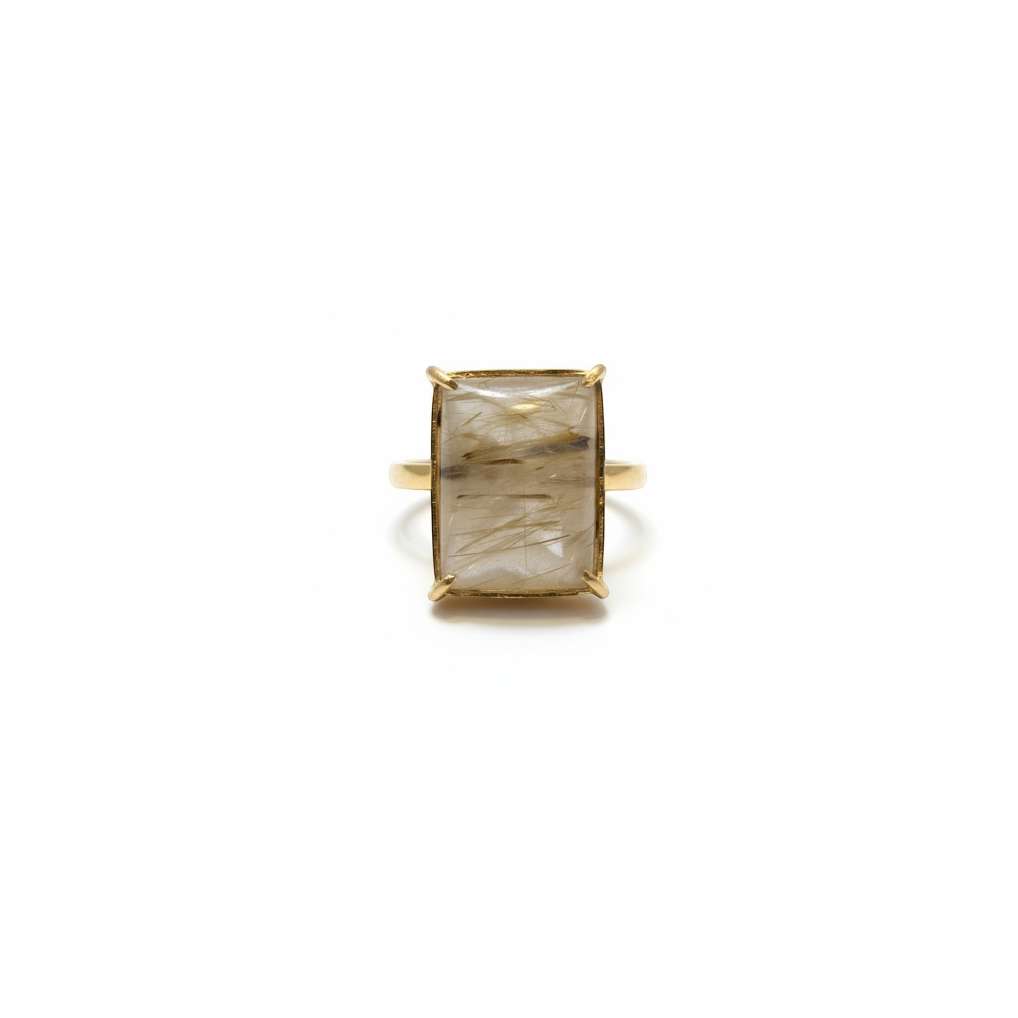 Tania Claire Australia gold-plated brass ring with rectangular cabochon cut gemstone featuring natural inclusions.