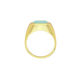 Tania Claire Australia gold signet ring with rectangular aqua chalcedony gemstone.