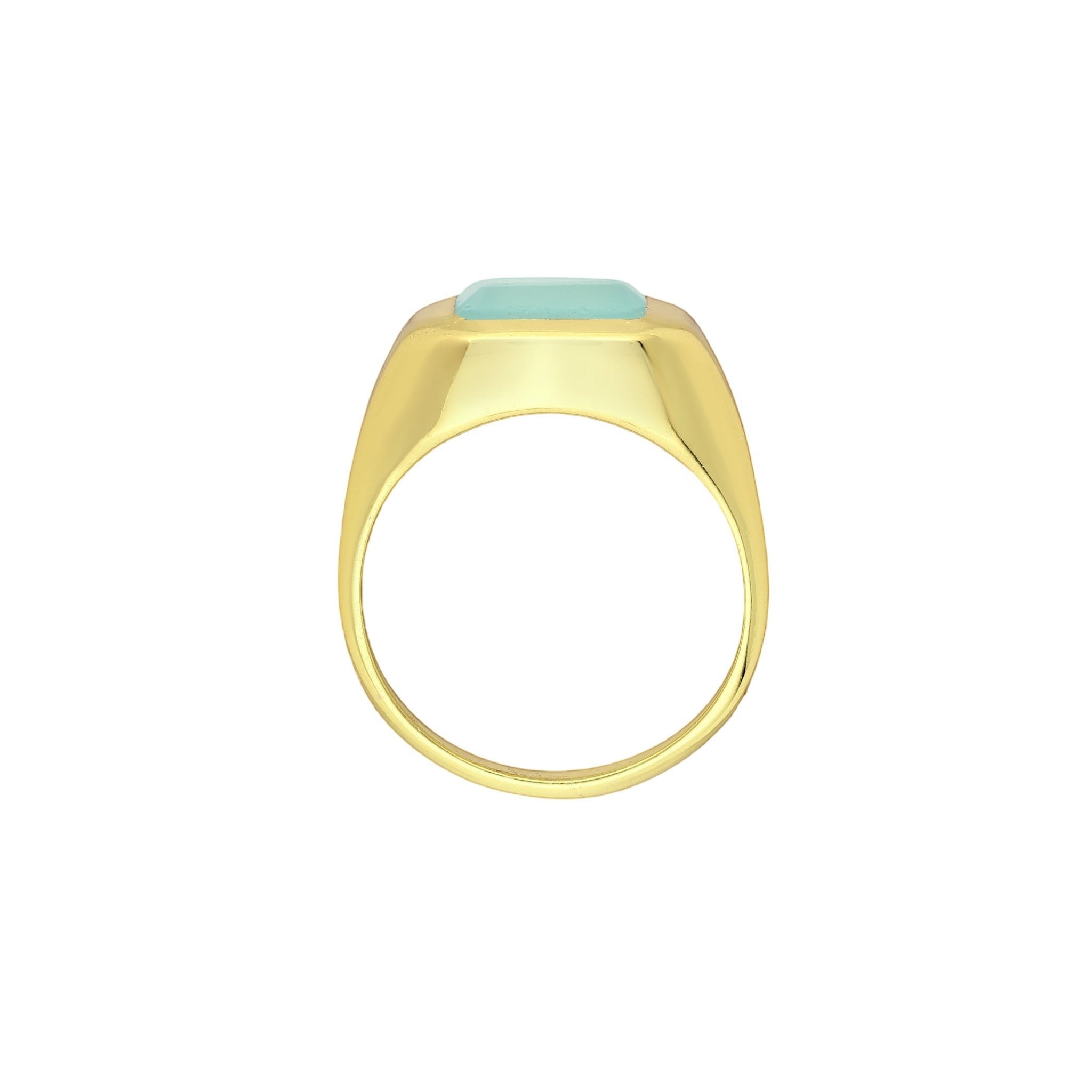 Tania Claire Australia gold signet ring with rectangular aqua chalcedony gemstone.
